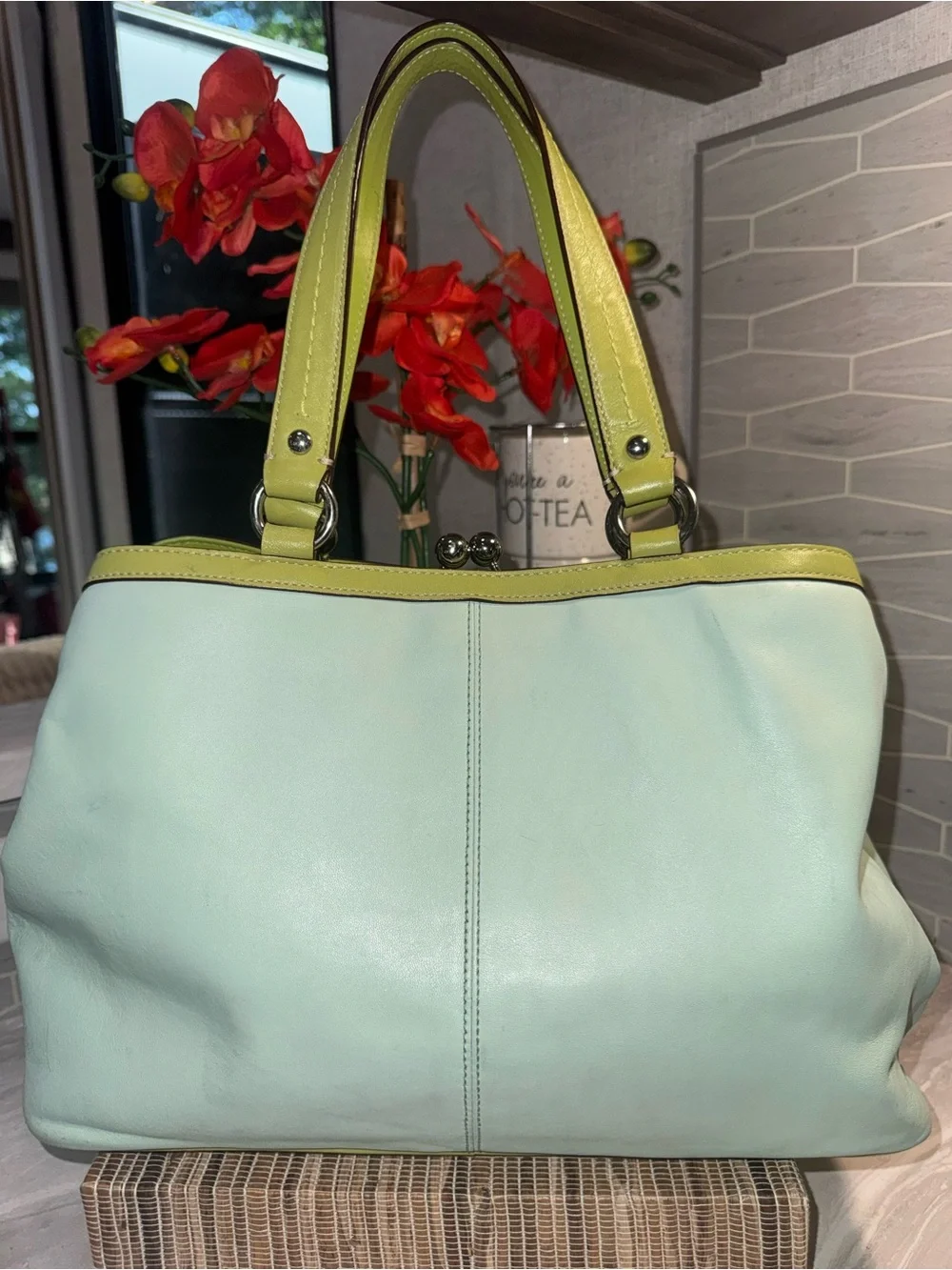 RARE EUC Coach KISS LOCK Two Tone Palette Green Leather with Lime Trim  PRETTY